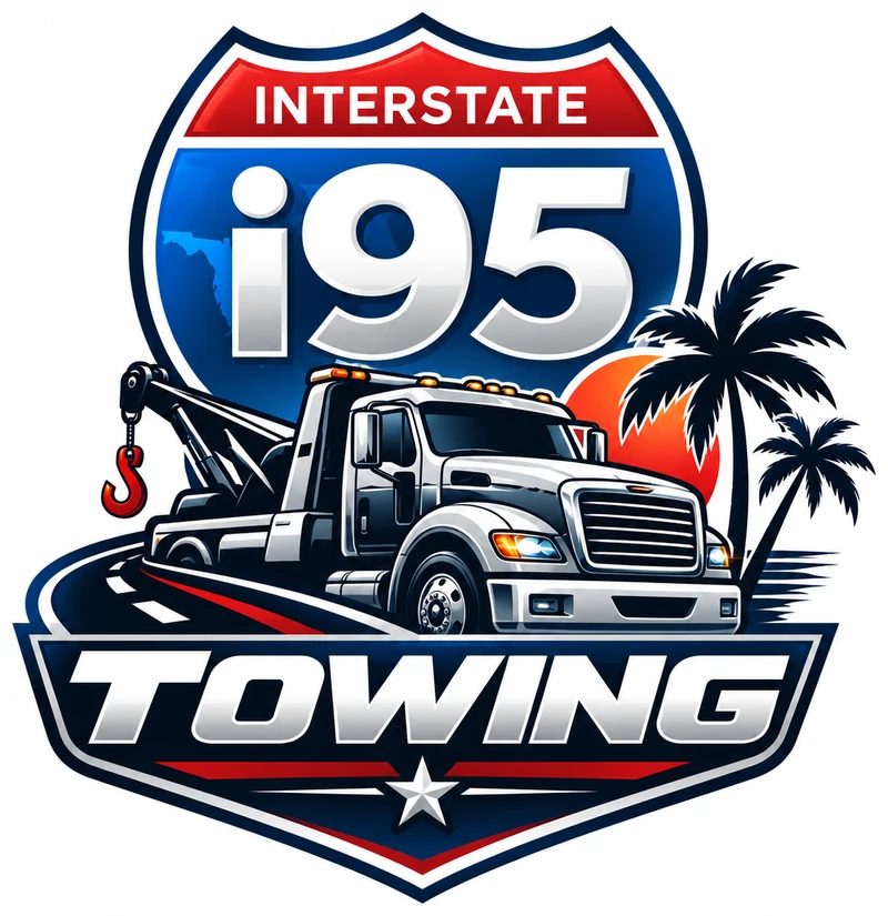 I95 Towing logo featuring an interstate shield, tow truck, and Palm Beach palms